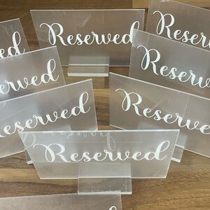 Clear Acrylic Reserved Signs(10 reserved signs but 8 stands only)3 mini risers
